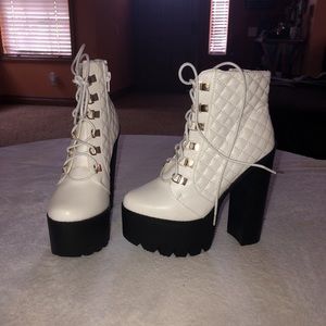 White chunky heel booties